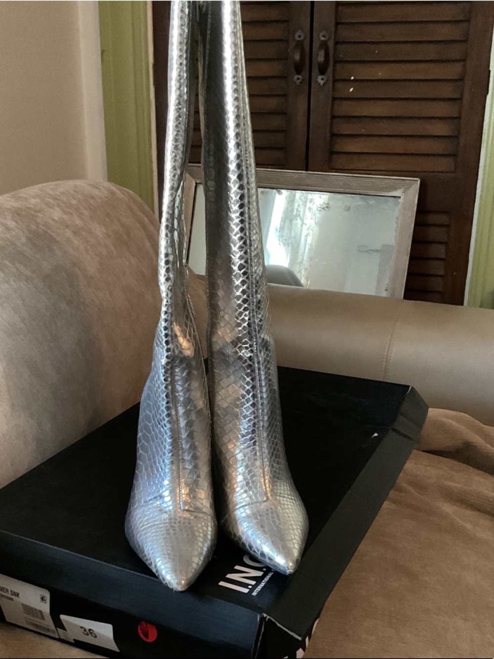 INC International Concepts Silver Metallic Over-the-Knee Pointed Toe Boots.
